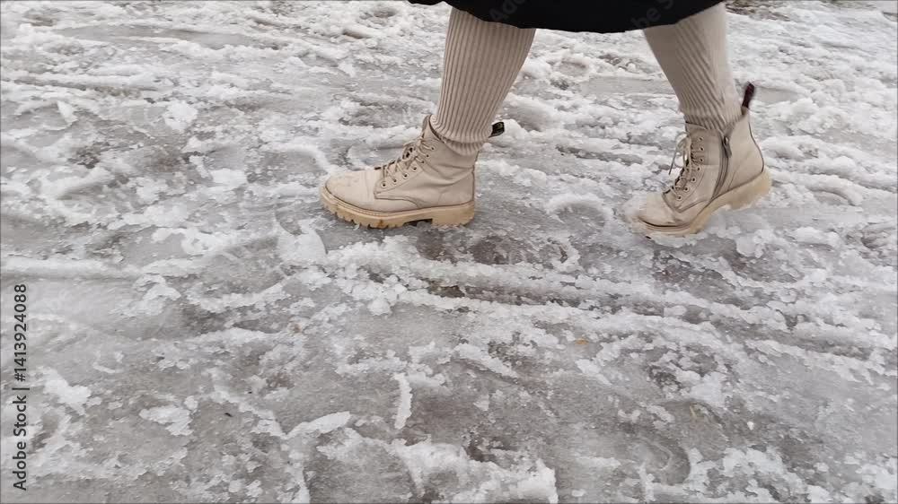 Women's feet in beige boots walk through the loose snow. Footprints in the wet snow. Melting snow. Thaw. The sidewalks are unpeeled from snow. Women's feet in beige boots walk through the loose snow. Footprints in the wet snow. Melting snow. Thaw. The sidewalks are unpeeled from snow.