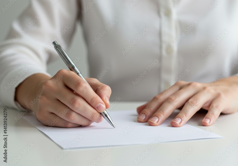 A person writing on a blank sheet of paper with a silver pen wearing a white button down shirt A person writing on a blank sheet of paper with a silver pen wearing a white button down shirt