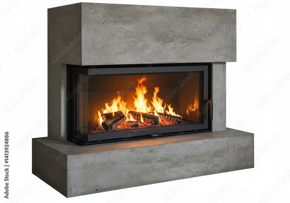 A modern concrete fireplace with a black frame and burning wood on a white background indoors A modern concrete fireplace with a black frame and burning wood on a white background indoors