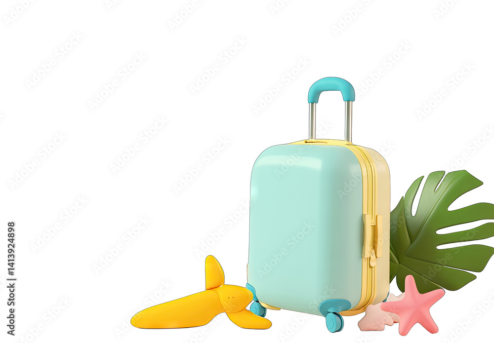 a colorful suitcase rests against a light background accompanied by playful tropical elements like a starfish a leaf and a toy fish suggesting a fun travel-themed scene a colorful suitcase rests against a light background accompanied by playful tropical elements like a starfish a leaf and a toy fish suggesting a fun travel-themed scene