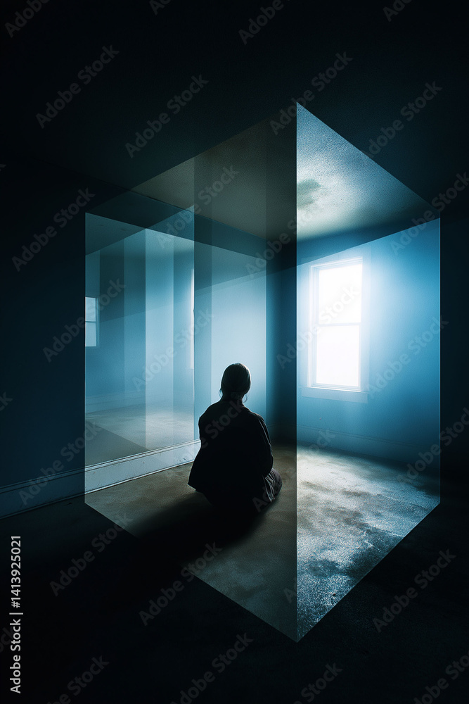 Obraz premium Derealization anxiety awareness. Disorder therapy. Mental symptom. Surreal human figure in a warped architectural space.