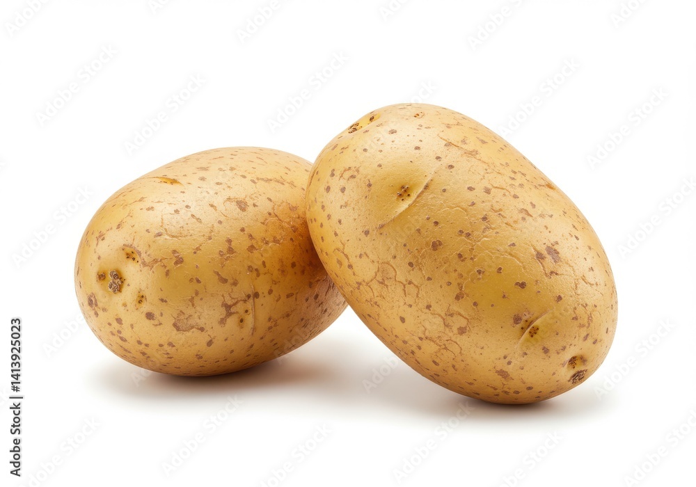 Two russet potatoes close together on a white background in a studio setting with good lighting Two russet potatoes close together on a white background in a studio setting with good lighting