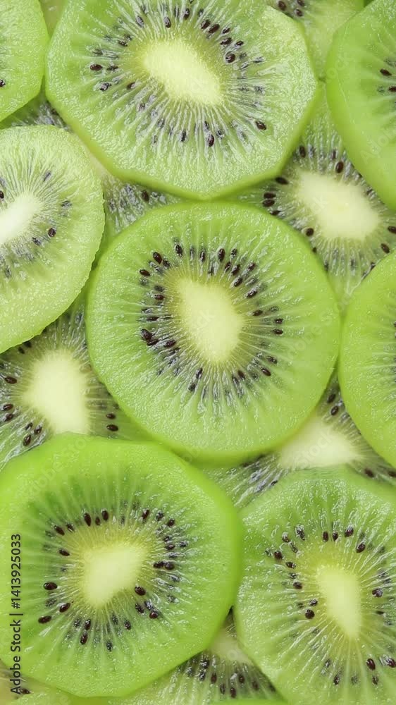 Heap of fresh kiwi fruit slices rotating. Top view shot Heap of fresh kiwi fruit slices rotating. Top view shot