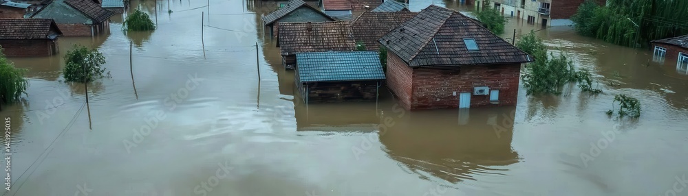Naklejka premium A flooded area with submerged houses, reflecting the impact of severe weather and natural disasters.