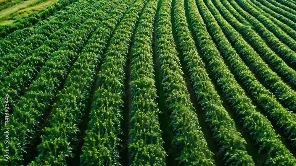 Aerial view of rows of green vineyard. Sunny day. Agricultural field in background. Use for wine or agriculture brochure Aerial view of rows of green vineyard. Sunny day. Agricultural field in background. Use for wine or agriculture brochure