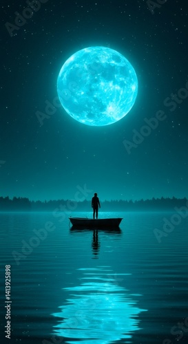 Person in Rowboat Gazing at Full Moon on Lake at Night