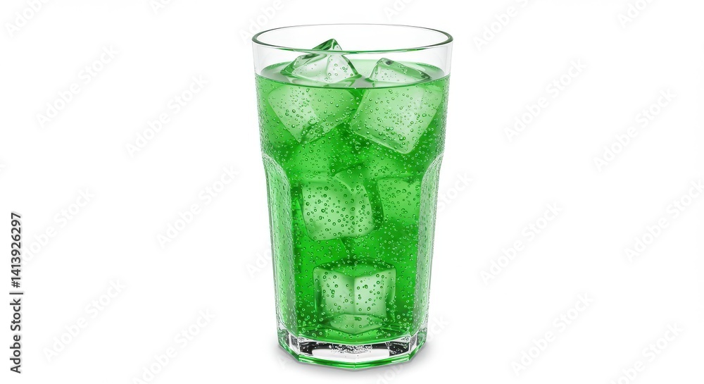 A tall glass filled with a vibrant green liquid and several ice cubes on a plain white background A tall glass filled with a vibrant green liquid and several ice cubes on a plain white background