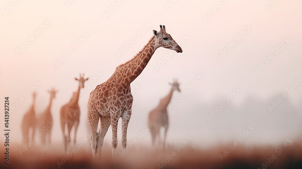 Obraz premium Majestic Giraffe Herd at Sunrise African Safari Wildlife Photography