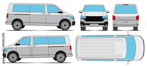 Van Transporter T-Six Car mockup for branding on isolated white background. With Side, Front, Rear Views