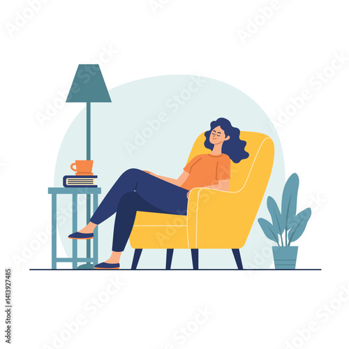 woman relaxes in armchair with side table, books, mug, lamp and potted plant nearby, flat style vector illustration isolated on white background
