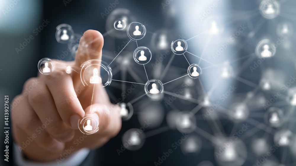 A Finger Interacting with a Digital Network of People Icons, Representing Social Connections, Communication, and Human Resources Management. A Finger Interacting with a Digital Network of People Icons, Representing Social Connections, Communication, and Human Resources Management.