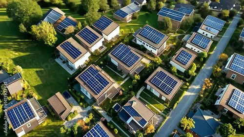 Aerial view of residential neighborhood with solar panels on rooftops, lush green lawns, and streets