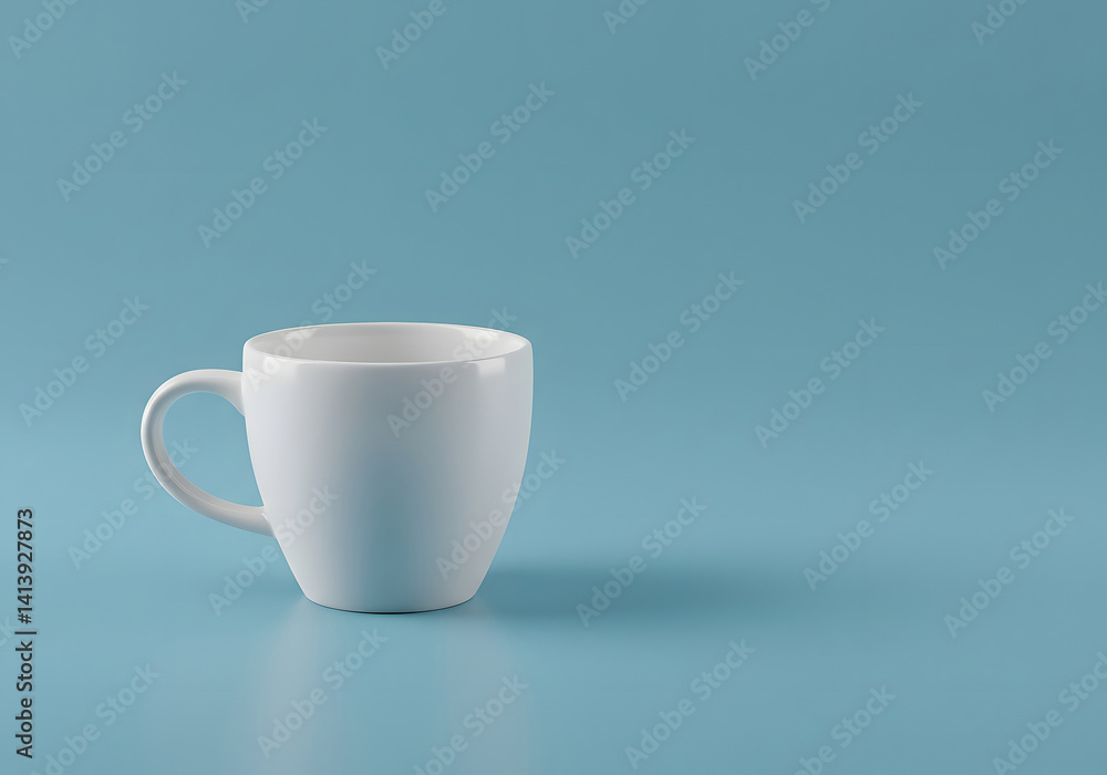 Obraz premium White Coffee Mug on Blue Background Minimalist Drinkware Concept, Empty Cup for Beverages and Morning Rituals.