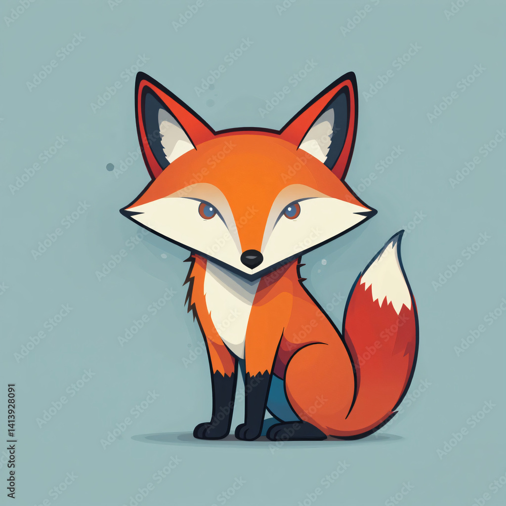 Fototapeta premium Serene Cartoon Fox Sitting Calmly against Muted Blue Background