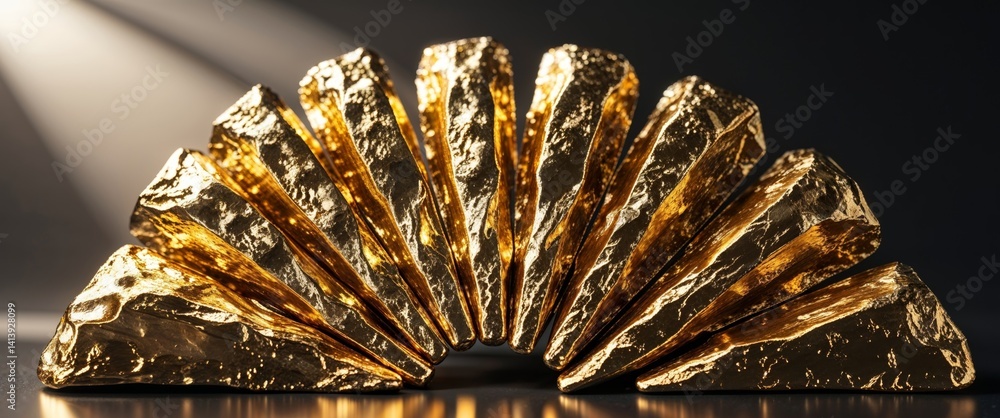 Luxurious Gold Bars Arranged in a Fan Shape with Dramatic Lighting