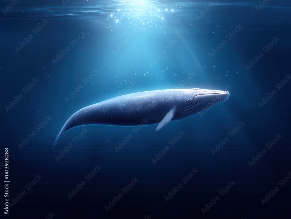 Obraz premium A majestic blue whale swims gracefully in deep blue waters, illuminated by soft sunlight filtering through the surface.