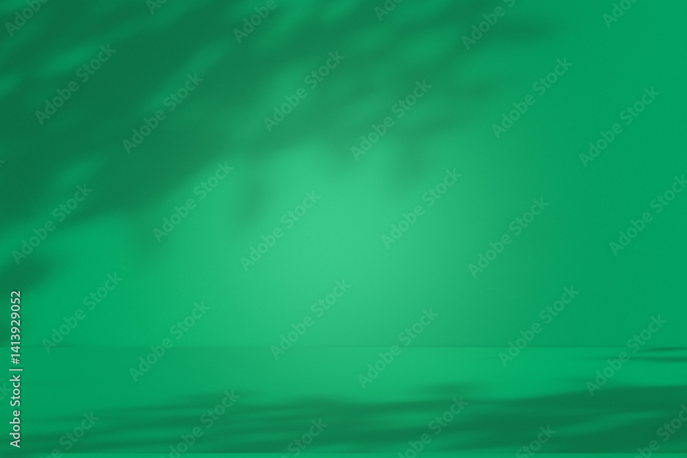 Wall interior background, studio and backdrops show products. with leaf shadow from window color green and white. background for text insertion and presentation of product