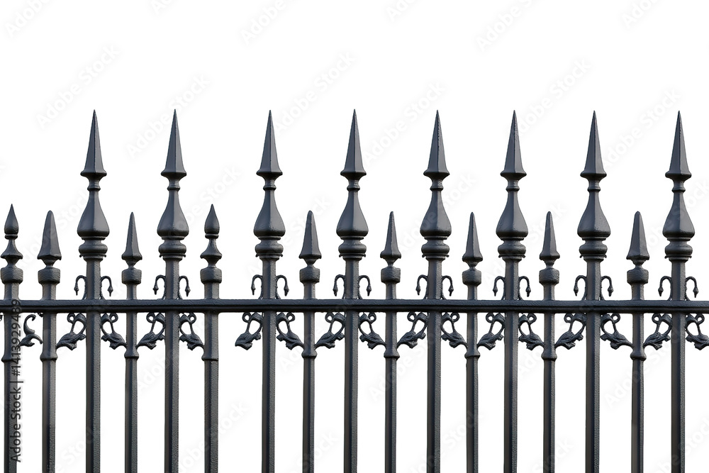 a close-up view of a decorative black metal fence featuring pointed spikes designed for security and aesthetic appeal the background is plain white emphasizing the fence's intricate details a close-up view of a decorative black metal fence featuring pointed spikes designed for security and aesthetic appeal the background is plain white emphasizing the fence's intricate details