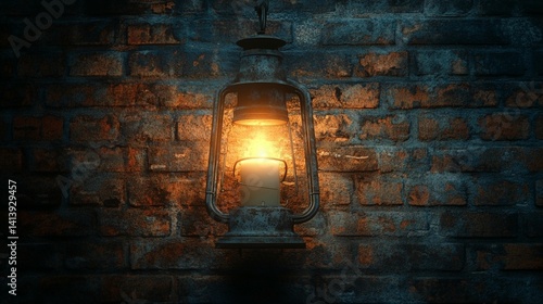 Obraz na płótnie Glowing Lantern on Brick Wall w salonie