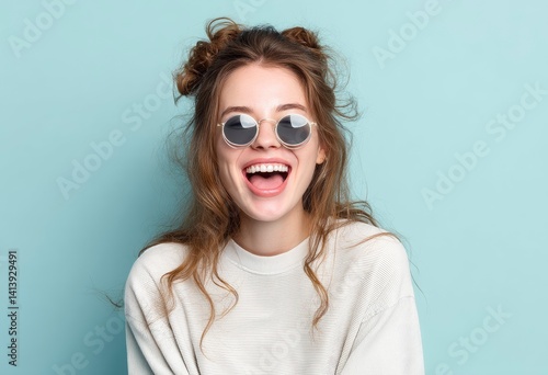 Wallpaper Mural Joyful Woman with Space Buns and Round Sunglasses: A Cheerful Portrait Torontodigital.ca