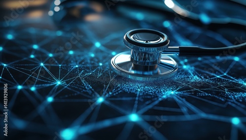Medtech Stethoscope on Glowing Digital Network Healthcare Innovation