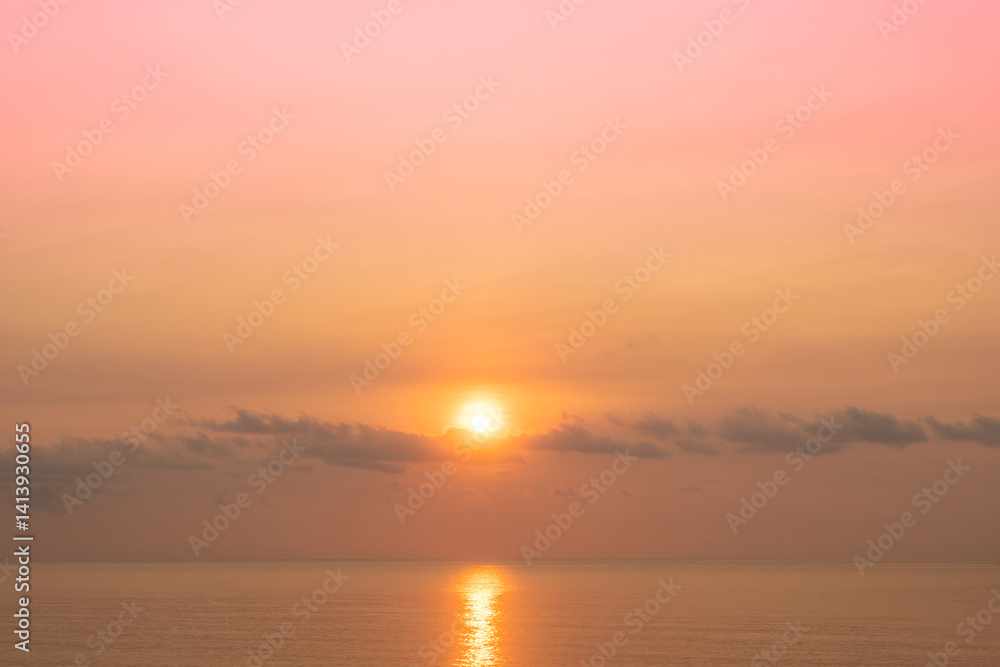 Panoramic view of the skyline and sea . The sun rises in the morning sky with colorful clouds. and beautiful cloud patterns In the soft light of the morning
Panoramic view of the skyline and sea . The sun rises in the morning sky with colorful clouds. and beautiful cloud patterns In the soft light of the morning