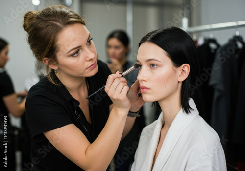 Model getting makeup done by artist in backstage prep before fashion show.