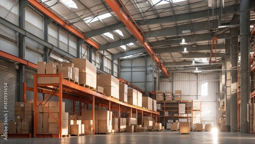 Fototapeta premium Interior of a modern warehouse. Bright, large, industrial storehouse with container and shelf. Cargo container distribution supply chain. Logistic shipment delivery concept