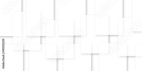 White Overlapping Square Planes Layers Abstract Clean Minimalist Background. Geometric abstract background with squares in bright light with soft shadows as pattern, top view. Futuristic backdrop in m