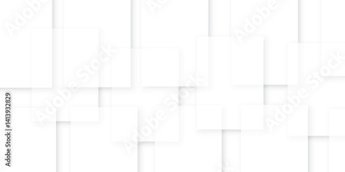 White Overlapping Square Planes Layers Abstract Clean Minimalist Background. Geometric abstract background with squares in bright light with soft shadows as pattern, top view. Futuristic backdrop in m