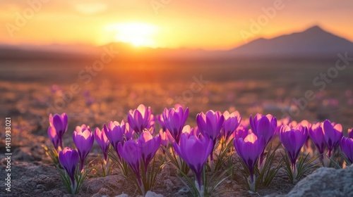 Colorful Crocus Blooms Emerge Amid Barren Desert Twilight