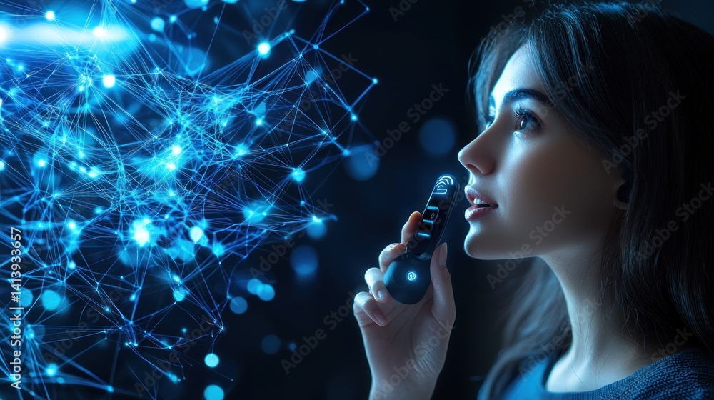 Obraz premium Woman Using Futuristic Voice Activated Device, Digital Network Interface