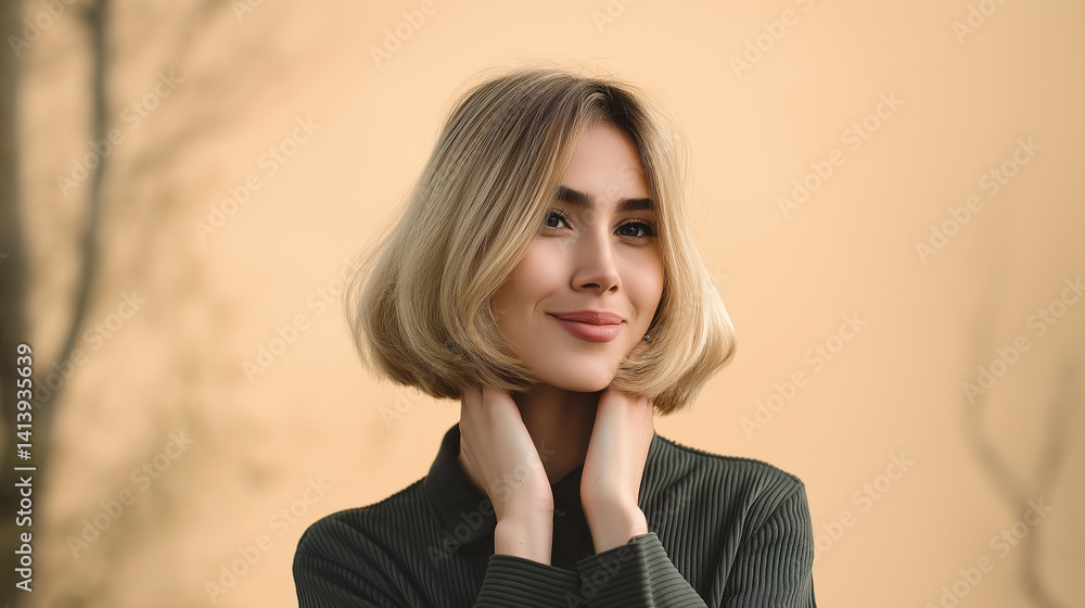 Blonde woman touching her neck and smiling outdoors Blonde woman touching her neck and smiling outdoors