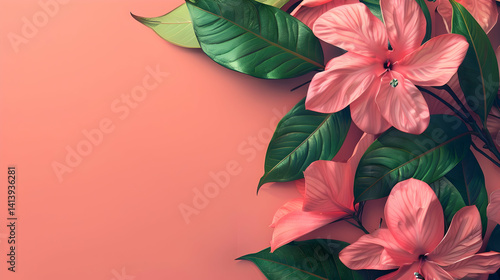 Pink flowers and leaves on a vibrant coral colored background