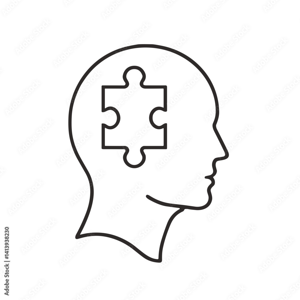 Minimalistic black-and-white line art illustration of a human head with a puzzle piece, concept of problem solving and mental processes, modern design Minimalistic black-and-white line art illustration of a human head with a puzzle piece, concept of problem solving and mental processes, modern design