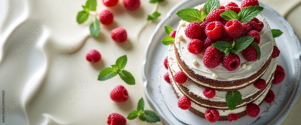 Close up of a layered cake with raspberries and mint garnish on a white plate on a blurred background. Close up of a layered cake with raspberries and mint garnish on a white plate on a blurred background.