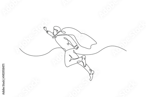 superhero with the cape in continuous one line drawing. Single line art illustration of business superhero. Editable vector.