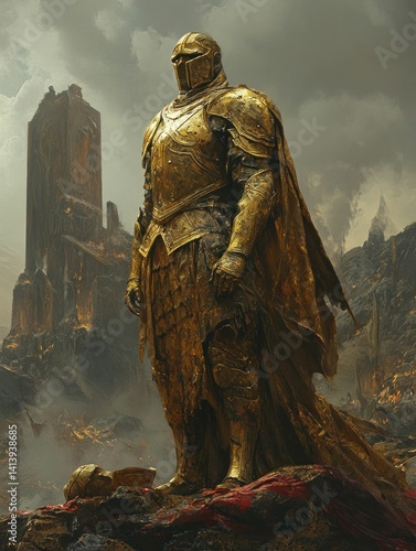 Statue of a golden armored knight standing guard over a desolate, ruined landscape