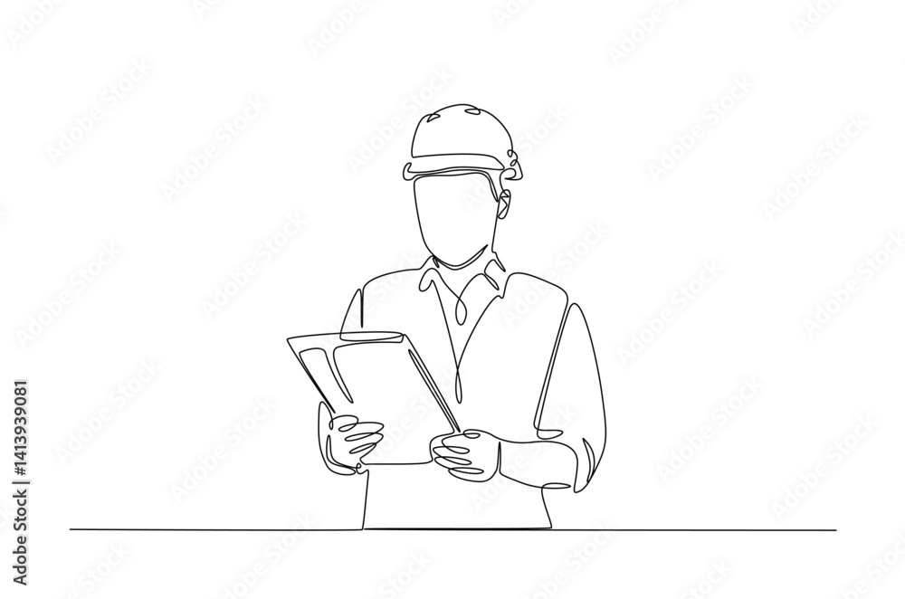 Engineer holds paper or blueprint in continuous one line drawing. Single line art illustration of architect holding blueprint. Editable vector. Engineer holds paper or blueprint in continuous one line drawing. Single line art illustration of architect holding blueprint. Editable vector.