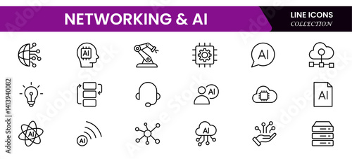Artificial intelligence set of web icons in line style. AI technology icons for web and mobile app. Machine learning, digital AI technology, algorithm, smart robotic, cloud computing network