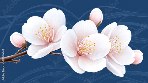 Delicate cherry blossoms bloom gracefully on branch, showcasing soft pink buds against deep blue background, evoking sense of tranquility and beauty