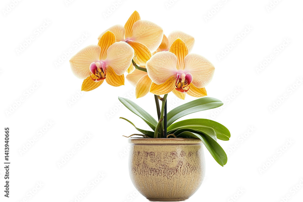 custom made wallpaper toronto digitalOrchid blossom. A plant with yellow and pink flowers sit in a ceramic pot surrounded by green leaves. transparent background