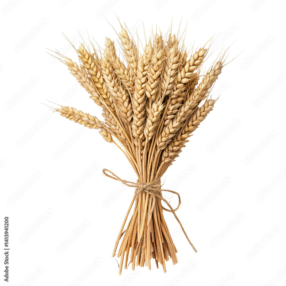 Fototapeta premium Dried wheat stalks bundle tied with twine isolated on transparent background