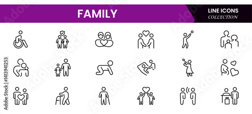 Family icon set. It contains parents, mothers, fathers, children, babies, grandparents, and household icons. Vector illustration.