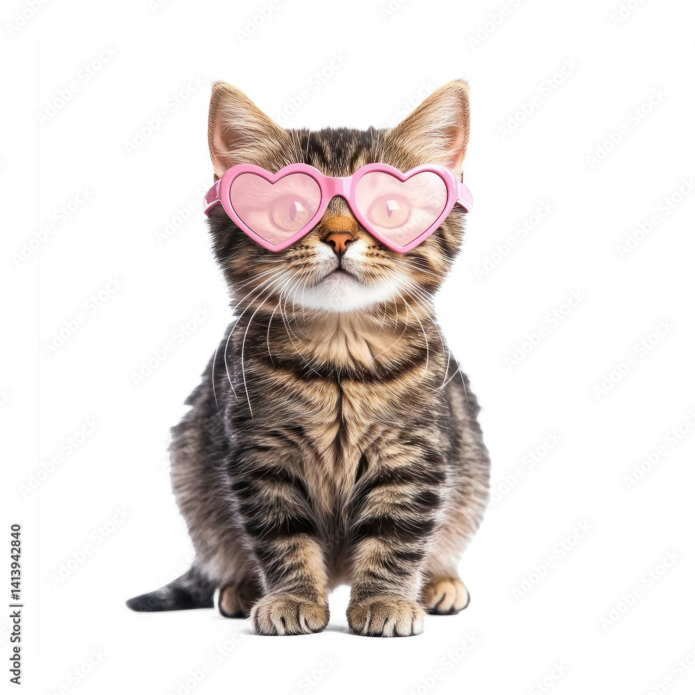 Fototapeta premium Cat wearing heart shape glasses, full body isolate on transparent background