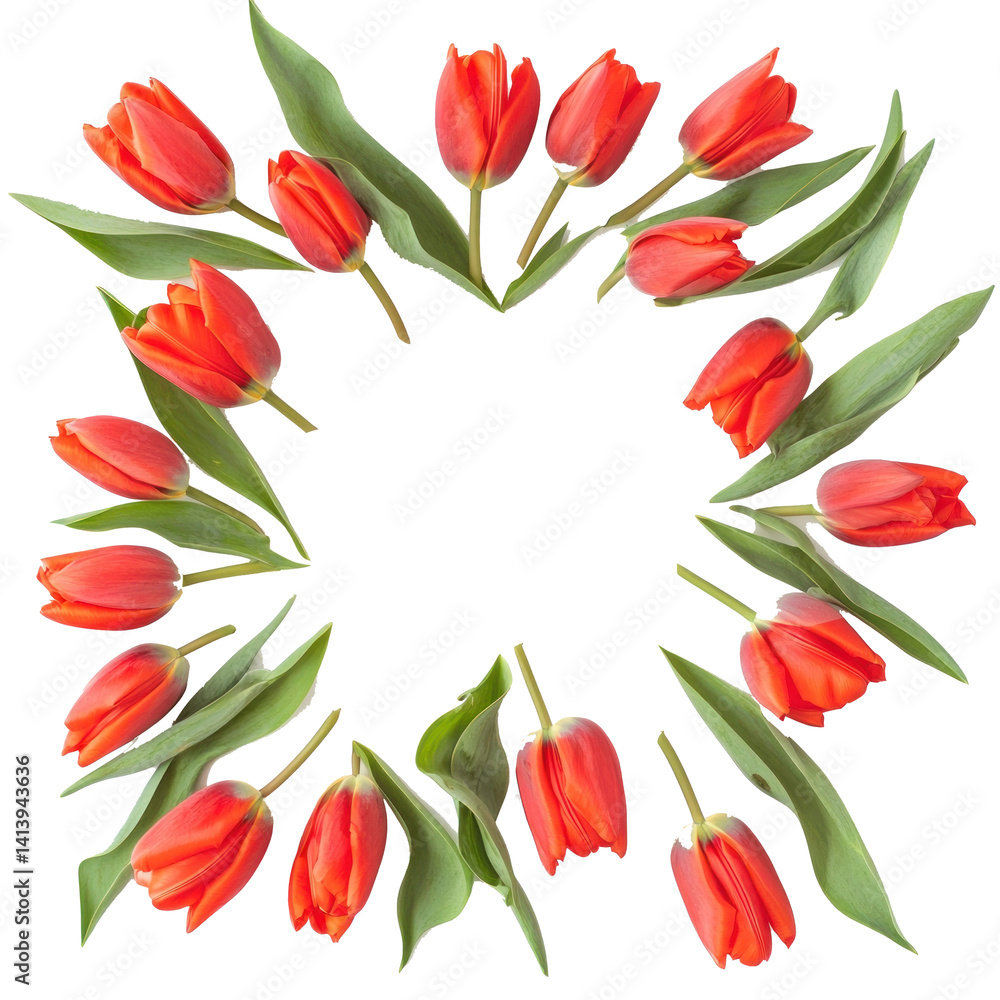 Obraz premium Empty Tulips flower frame top view isolate on transparent background