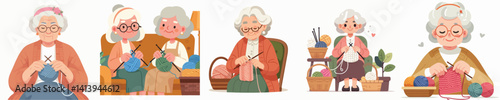 Vector of an elderly woman knitting.