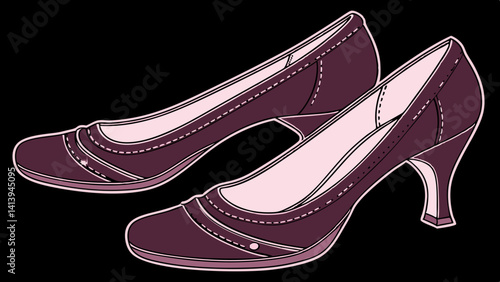 Dark purple women's leather high-heeled pumps made of leather, isolated on a black  background. Women's fashionable classic shoes vector  illustration.
