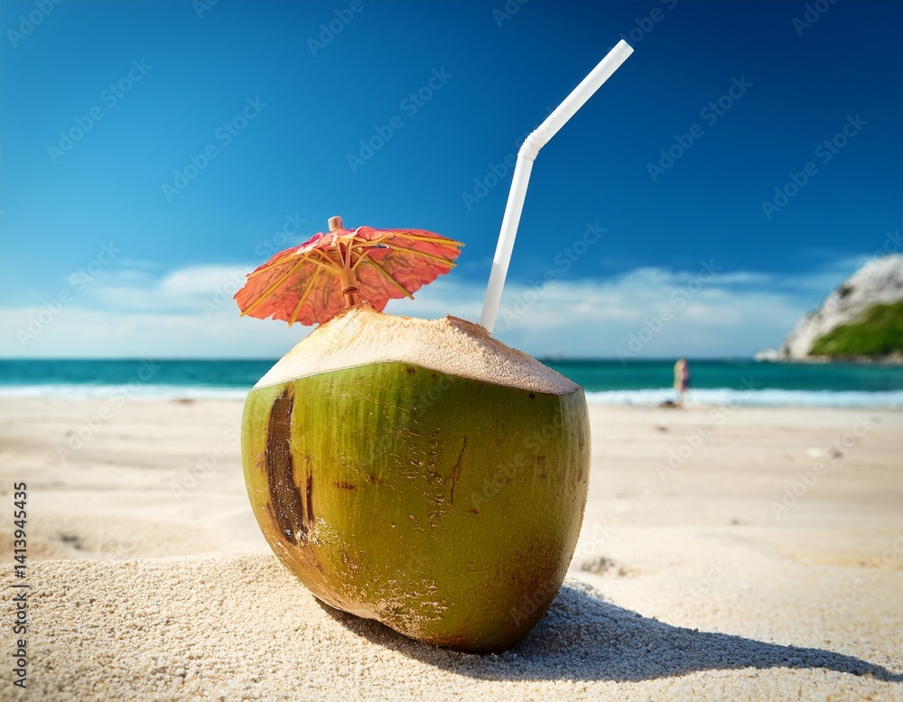 A coconut with a straw at the beach A coconut with a straw at the beach