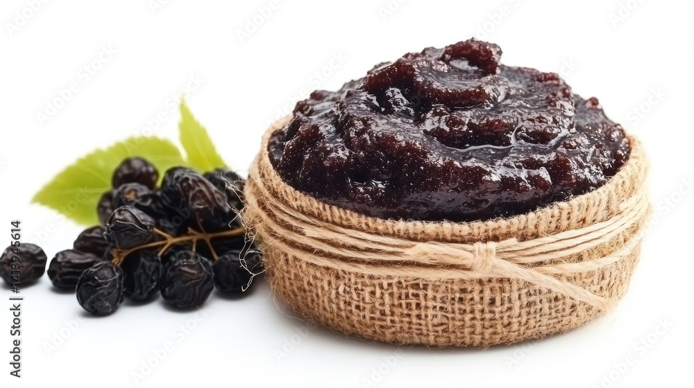 Delicious Homemade Grape Jam in Rustic Burlap Bowl Delicious Homemade Grape Jam in Rustic Burlap Bowl